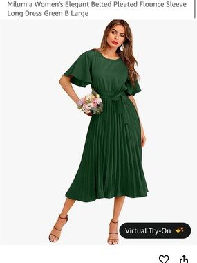 Green Pleated Belted Midi Dress